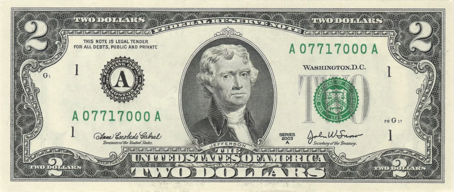 US $2 bill obverse