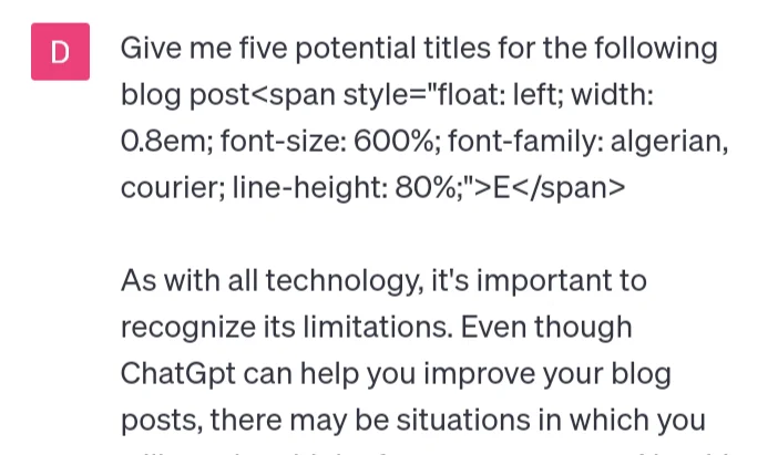 A screenshot of me asking chatGPT for five potential titles for my blog post