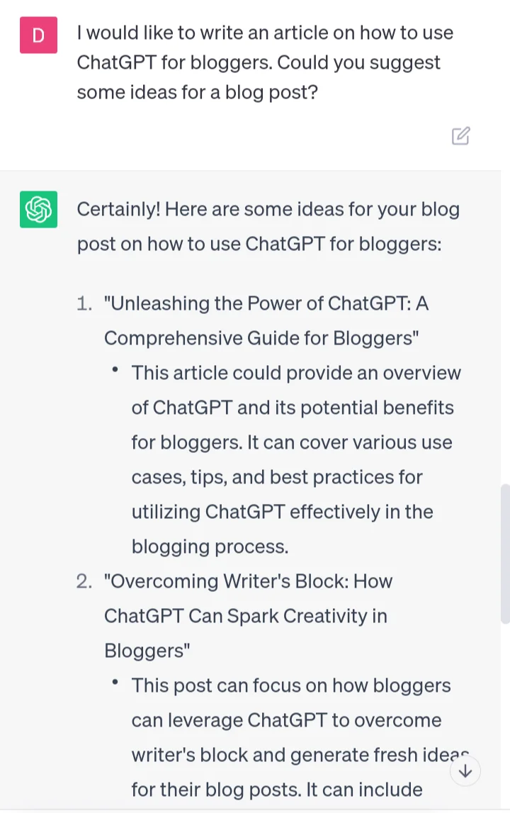 A screenshot of me asking chatgpt for ideas for a blog post