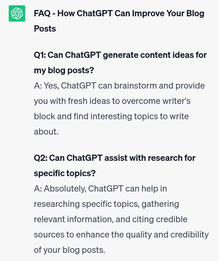 Me asking chat GPT to create an FAQ based on a pasted blog post