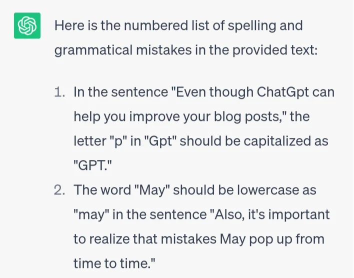 Screenshot of me asking chatgpt to give me a list of all of the spelling and grammar mistakes in my blog post