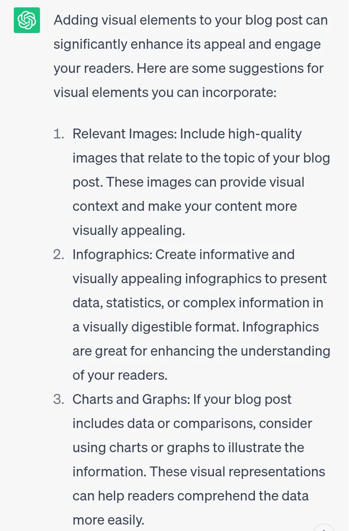 Screenshot of me asking chatGPT what visual elements I can add to my blog post to make it more interesting