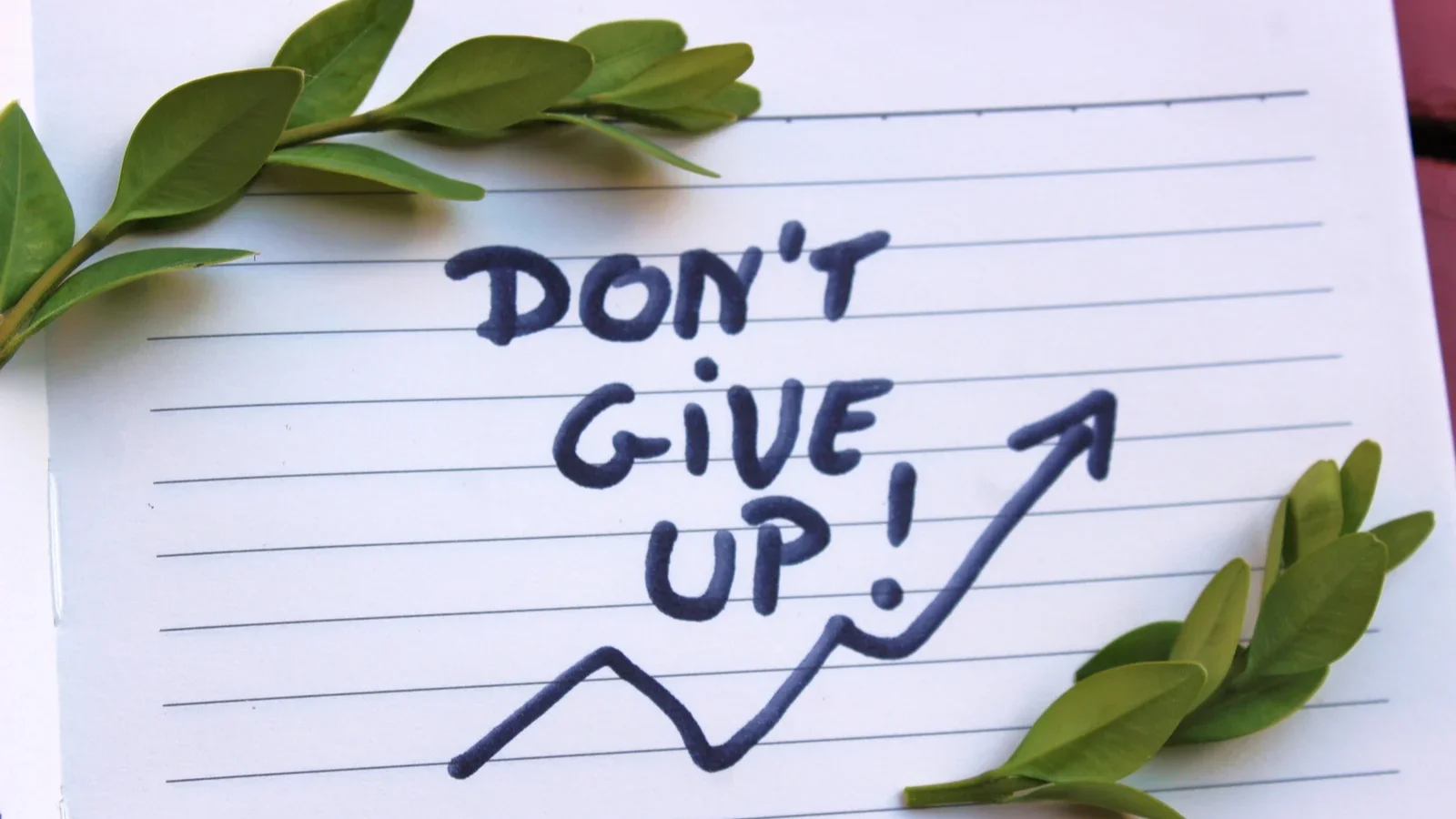 The words don't give up written on a note card