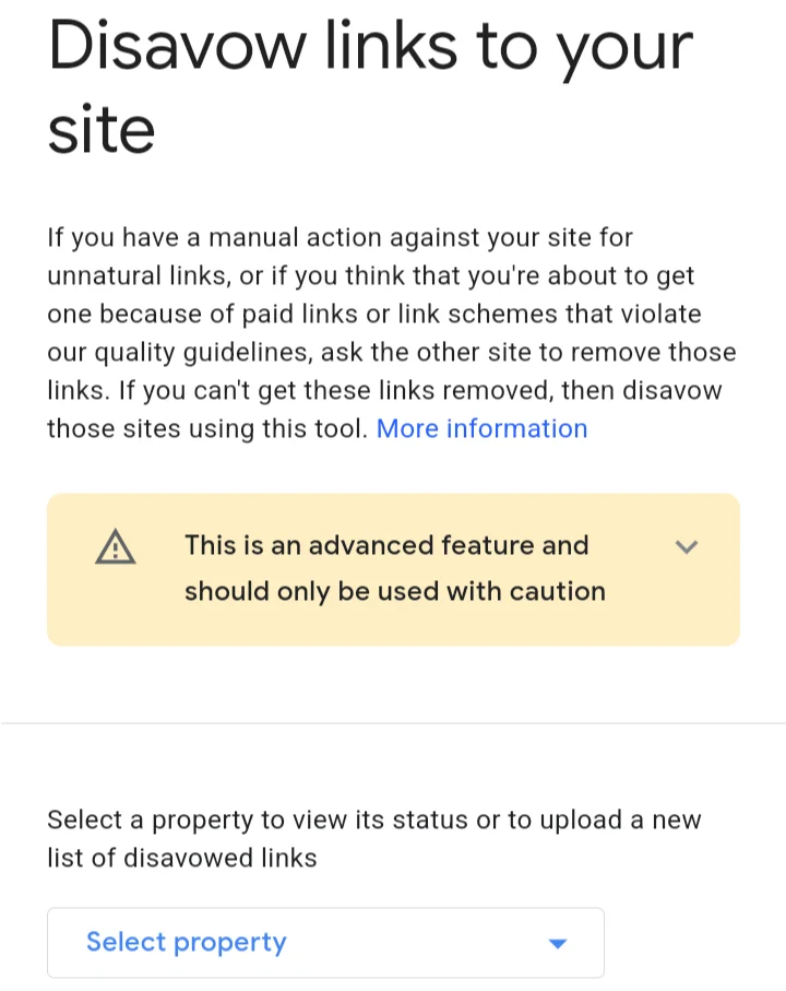 Screenshot of the Google search console disavow tool