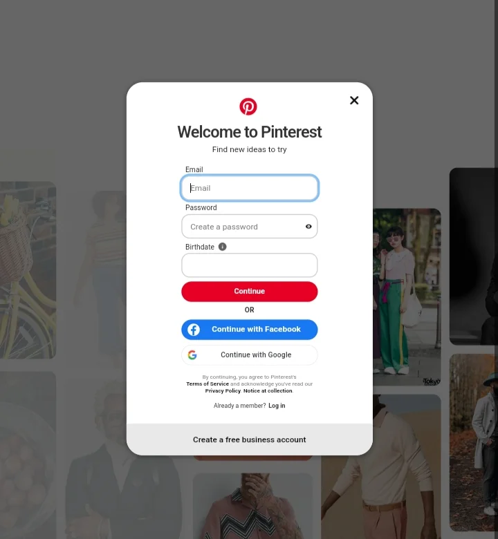 Pinterest account creation screen