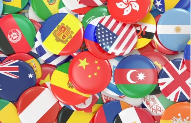 A collage of colorful language flags symbolizing the diversity of language learning apps