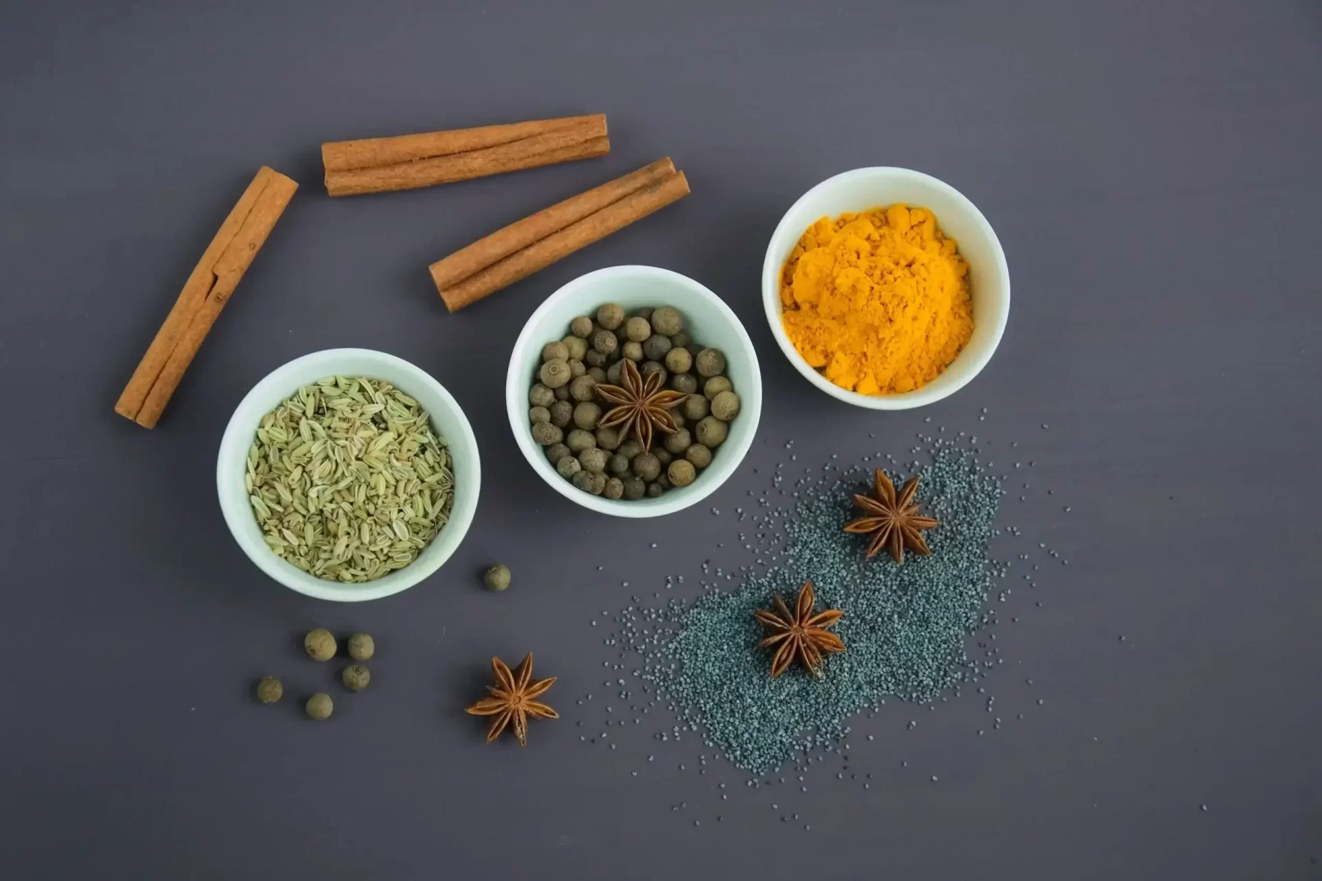 An array of spices in bowls
