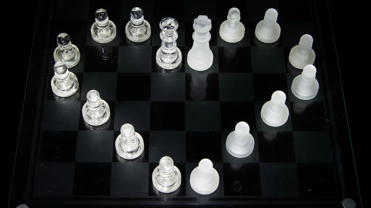 chessboard with a player deep in thought, suggesting that chess can help manage ADD and ADHD symptoms by providing a structured and engaging activity that requires focus and concentration