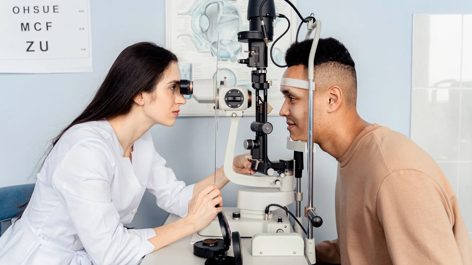 An optometrist conducting a comprehensive eye exam.