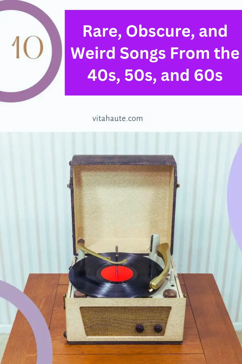 Vintage record player with a stack of colorful vinyl records, representing the eclectic mix of 10 Unusual, Funny, and Rare Songs From the 40s, 50s, and 60s featured in this blog post