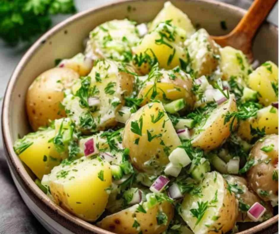 Mediterranean potato salad on top of a kitchen table