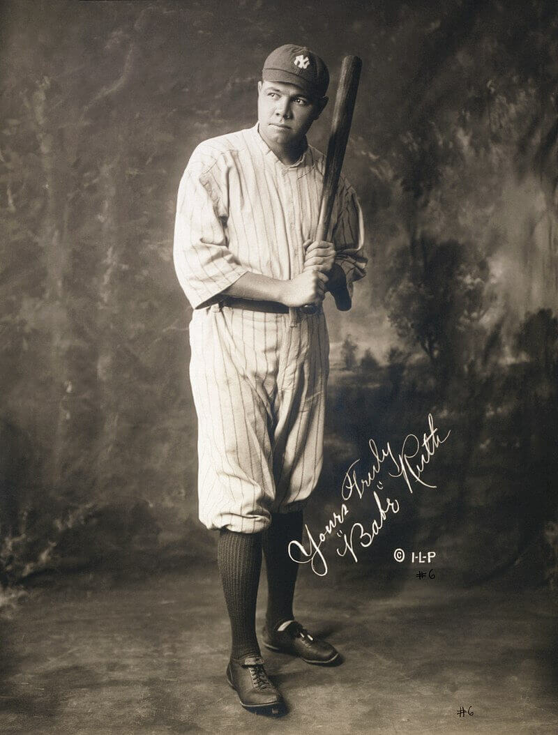 A signed photo of Babe Ruth in a batting stance