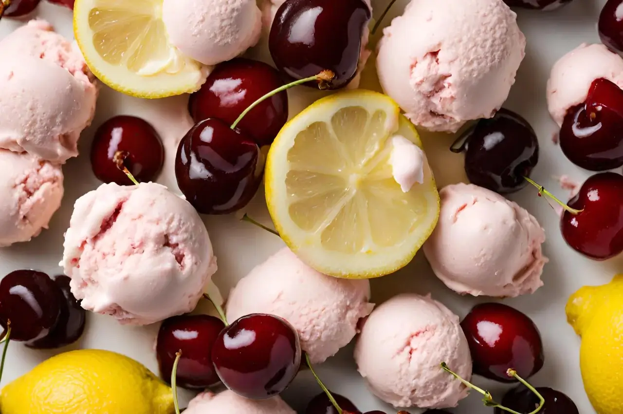 Prepared lemon Cherry gelato sitting on a table in the kitchen beside lemons and other kitchen utensils