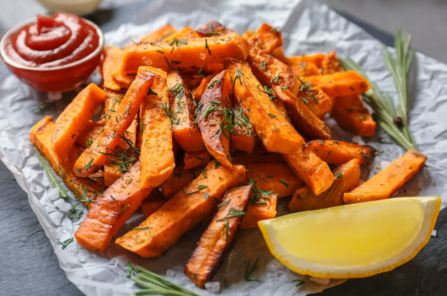 Prepared sweet potato fries on a plate beside a bottle of ketchup