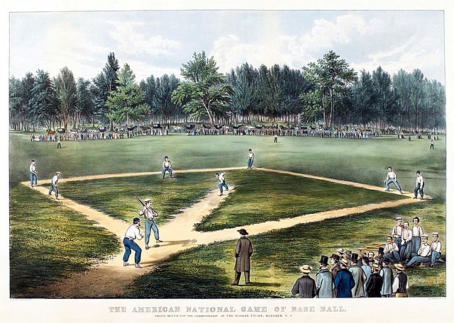 depiction of a baseball game at the Elysian Fields in Hoboken, NJ. Lithograph by Currier & Ives.