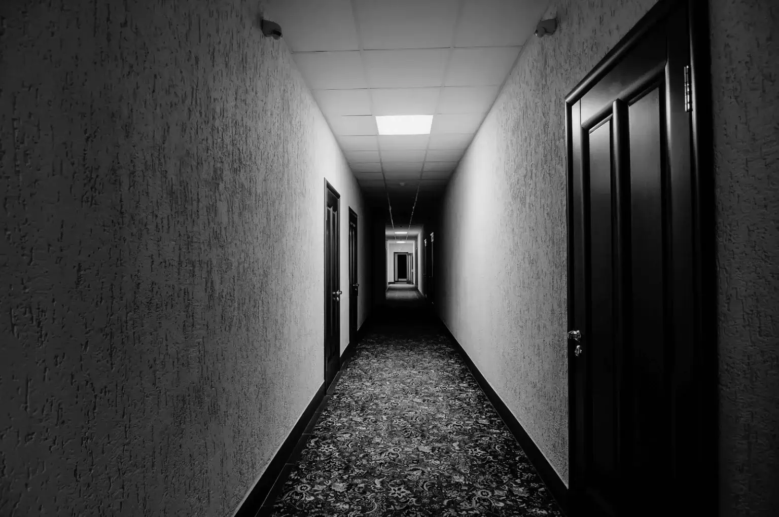 A long scary looking hallway with doors on either side