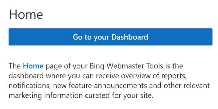 Screenshot of the Bing search console dashboard