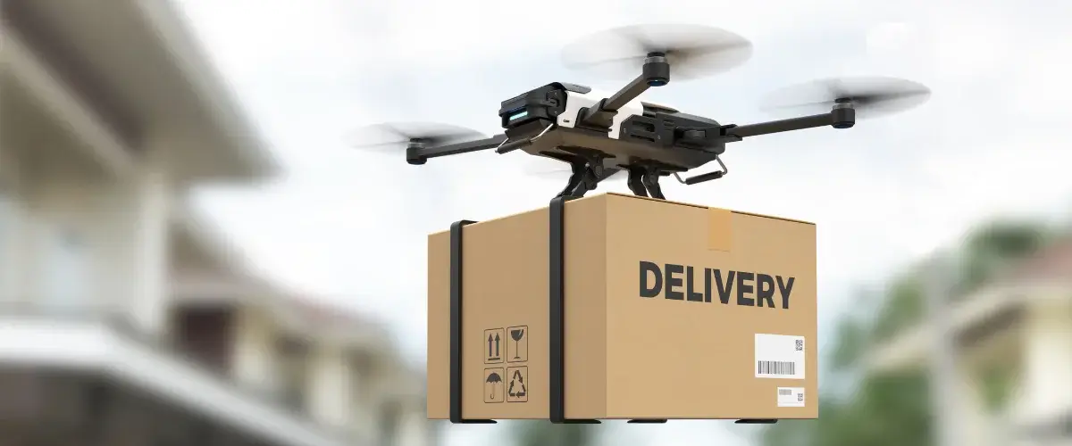 A small drone in flight carrying a package over a suburban neighborhood