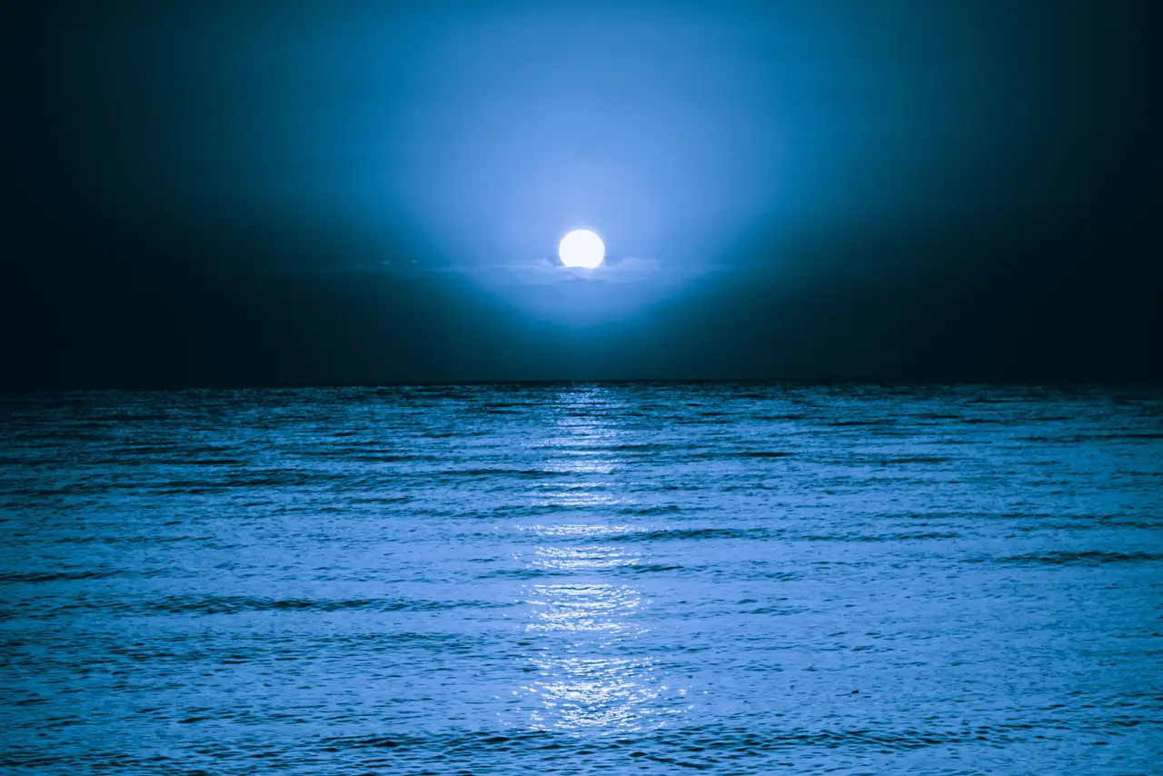 A bright moon on the horizon spreading its light on the ocean