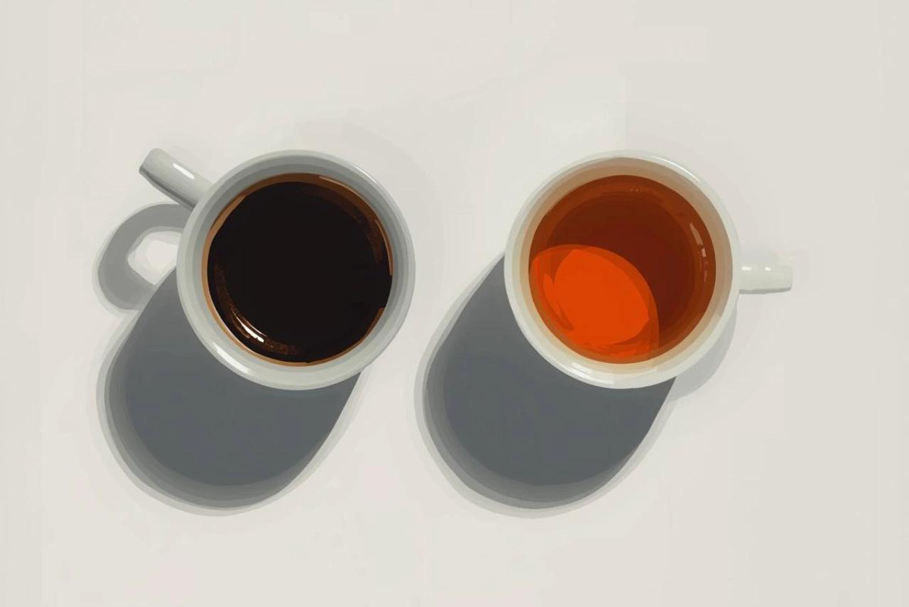 A cup of tea beside a cup of coffee on a table