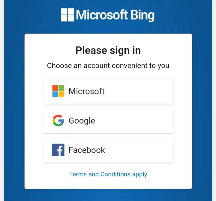Microsoft Bing log-in screen