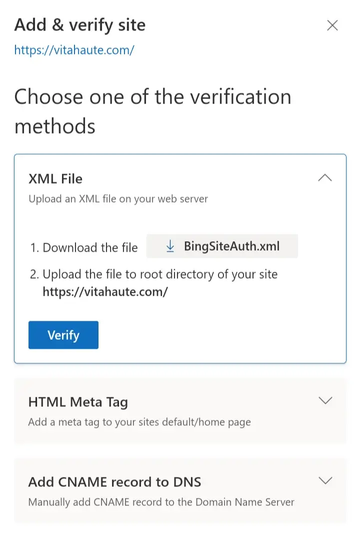 Bing Webmaster Tools interface that shows the option to add a new website
