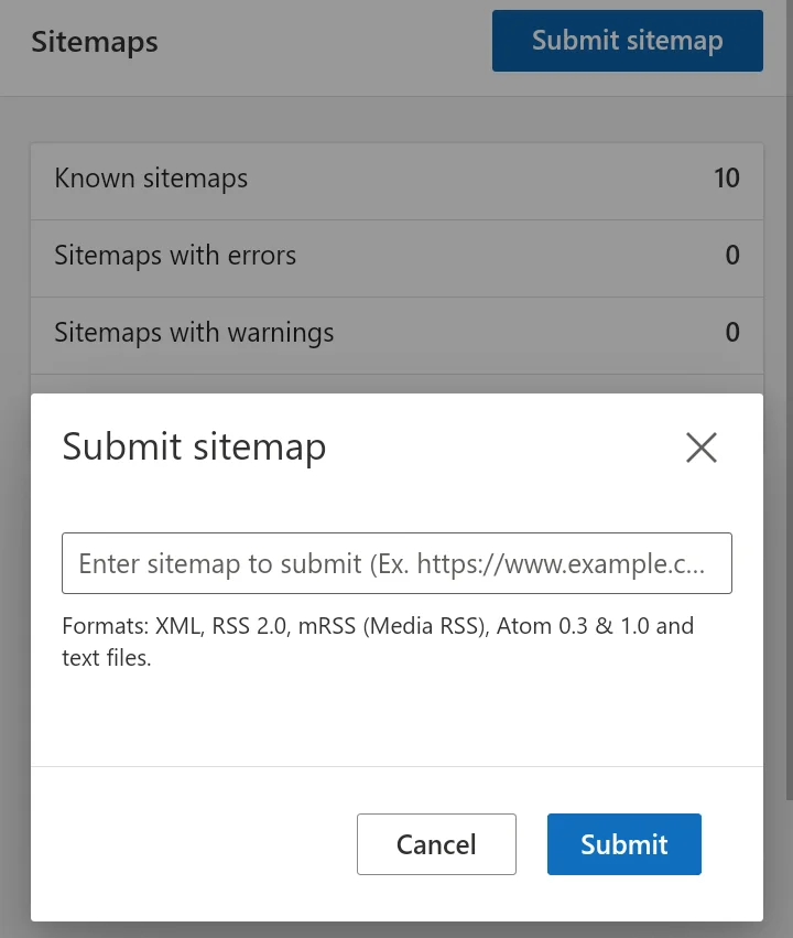 Bing Webmaster Tools sitemap input field for submitting XML sitemap URL
