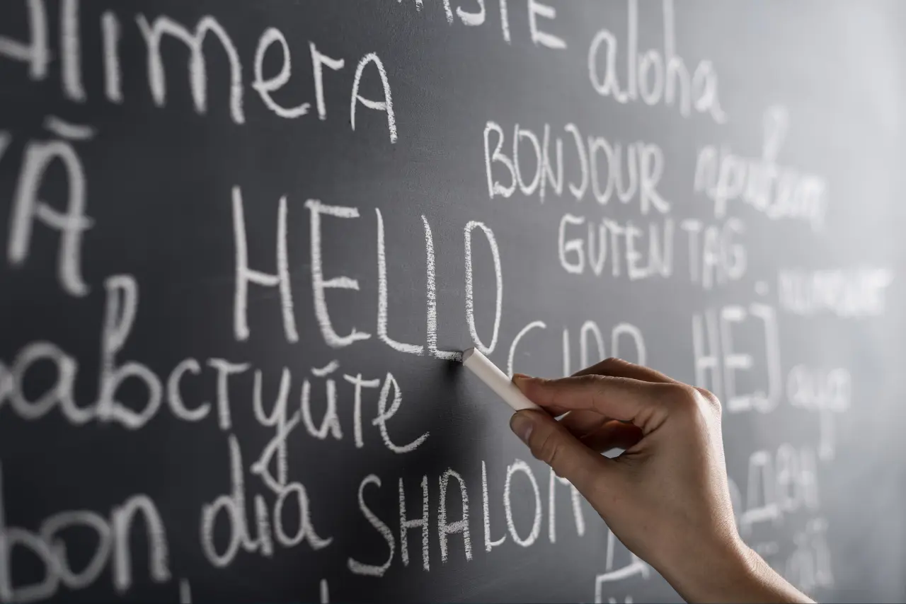 Blackboard covered with words and phrases from different languages