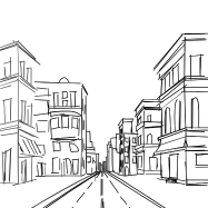 Busy street lined with buildings and pedestrians