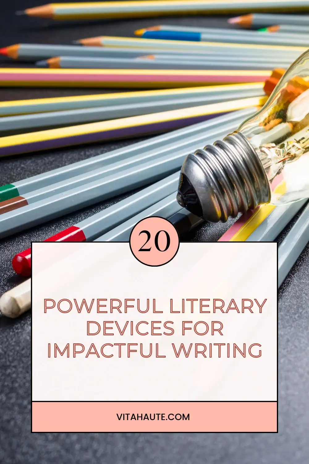 Pinterest graphic for 20 Powerful Literary Devices for Impactful Writing featuring a writer at a desk and tips for using metaphors, anecdotes, analogies, and other persuasive writing techniques